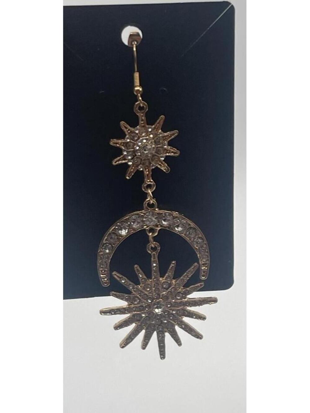 Gold Tone Celestial Drop Single Earring with Rhinestones